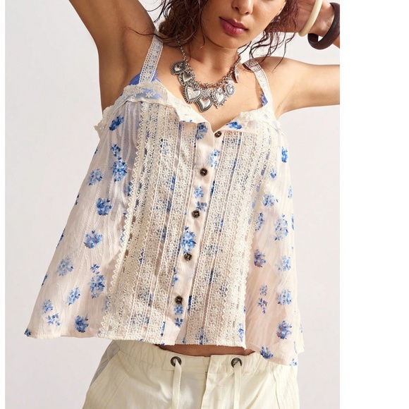 Boho Floral Print Lace Semi Sheer Button Down Cami Tank Top - Picture 3 of 5